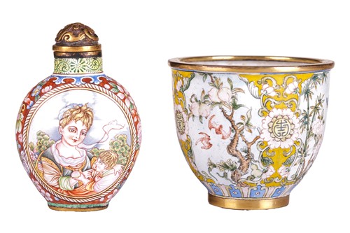 Lot 116 - A Chinese Canton-style enamel wine cup of urn...