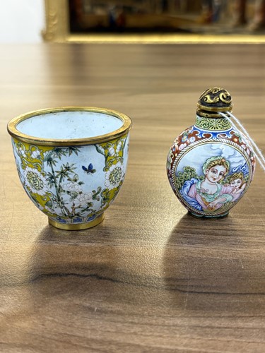 Lot 116 - A Chinese Canton-style enamel wine cup of urn...