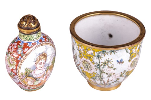 Lot 116 - A Chinese Canton-style enamel wine cup of urn...