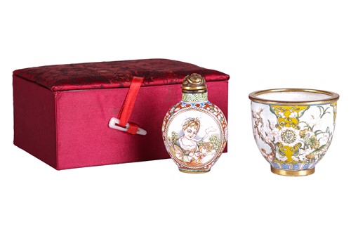Lot 116 - A Chinese Canton-style enamel wine cup of urn...