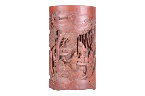 Lot 64 - A Chinese bamboo section Bitong, hook carved...