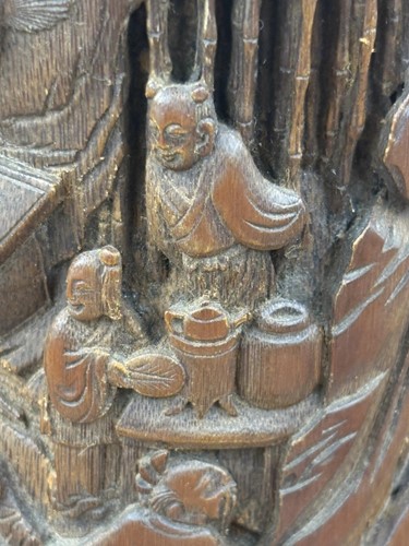 Lot 64 - A Chinese bamboo section Bitong, hook carved...
