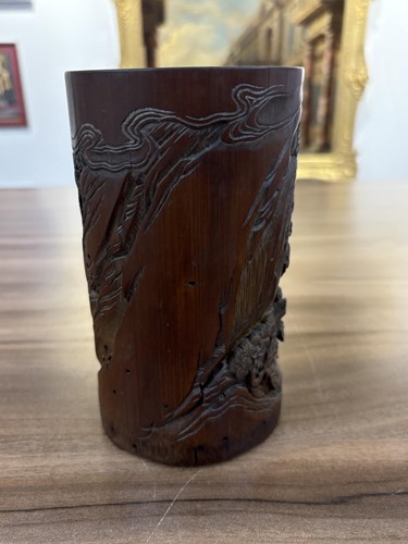 Lot 64 - A Chinese bamboo section Bitong, hook carved...