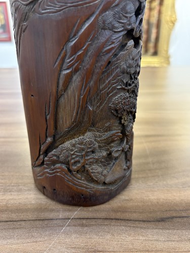 Lot 64 - A Chinese bamboo section Bitong, hook carved...