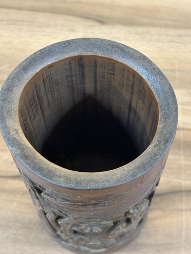 Lot 64 - A Chinese bamboo section Bitong, hook carved...
