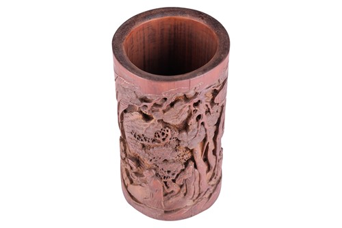 Lot 64 - A Chinese bamboo section Bitong, hook carved...