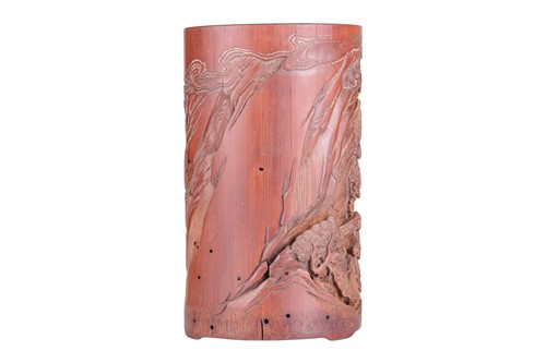 Lot 64 - A Chinese bamboo section Bitong, hook carved...
