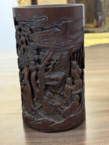 Lot 64 - A Chinese bamboo section Bitong, hook carved...
