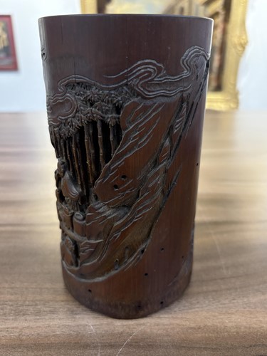 Lot 64 - A Chinese bamboo section Bitong, hook carved...