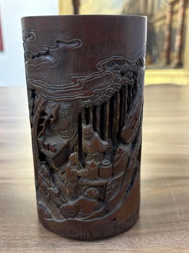 Lot 64 - A Chinese bamboo section Bitong, hook carved...