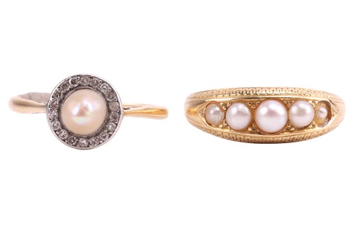 Lot 192 - Two pearl-set dress rings; the first centred...