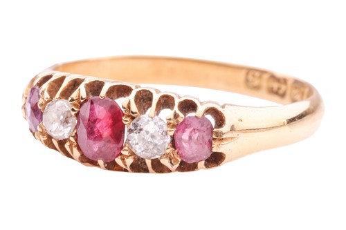 Lot 196 - A ruby and diamond five-stone ring, claw-set...