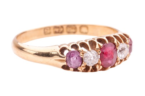 Lot 196 - A ruby and diamond five-stone ring, claw-set...