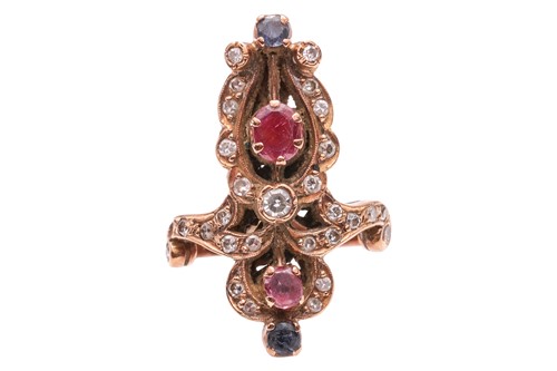 Lot 116 - A diamond, ruby and sapphire dress ring, of...