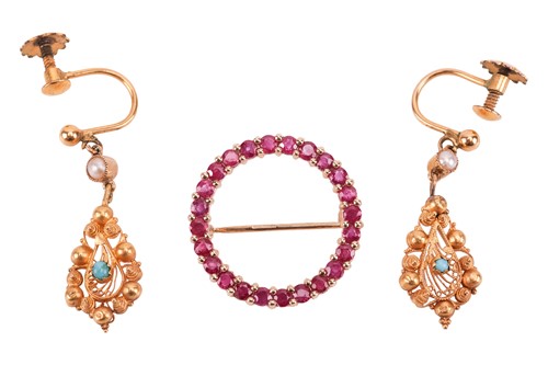 Lot 37 - A ruby-set circle brooch and a pair of pendant...