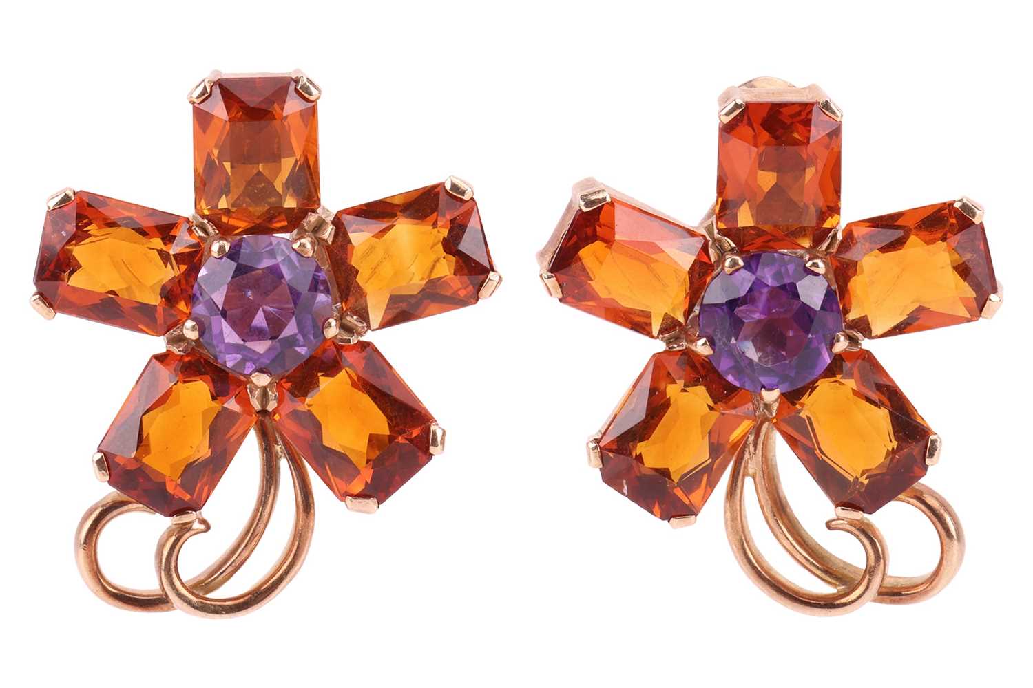 Lot 30 - A pair of citrine and amethyst floral earrings,...