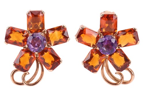 Lot 30 - A pair of citrine and amethyst floral earrings,...