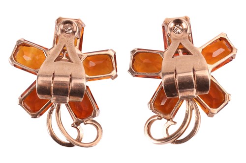 Lot 30 - A pair of citrine and amethyst floral earrings,...