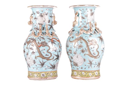 Lot 60 - A pair of Chinese Canton porcelain baluster...