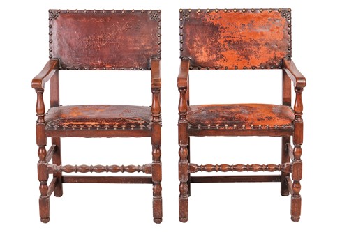 Lot 97 - A set of six Cromwellian-style oak and leather...