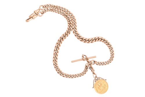 Lot 24 - A 9ct rose gold Albert chain with half...