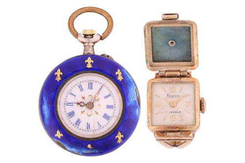 Lot 284 - An open-face enamelled fob watch and a watch...