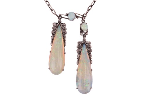 Lot 62 - An opal-set négligée necklace, suspending two...