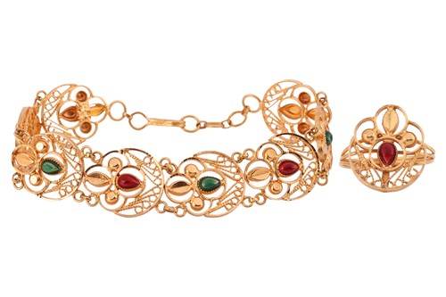 Lot 165 - An enamel filigree bracelet and matching ring;...