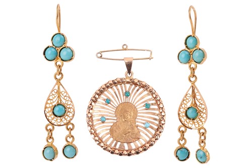 Lot 66 - A Madonna pendant and a pair of turquoise-set...