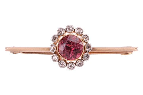 Lot 226 - A rubellite and diamond bar brooch, of cluster...
