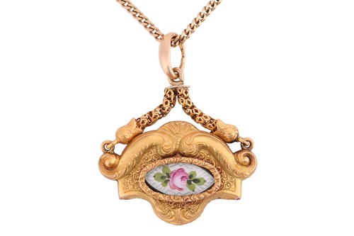 Lot 155 - A Rococo-style enamel pendant on chain,...