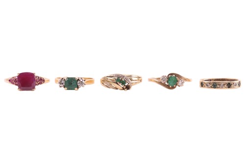 Lot 142 - Five gem-set rings; including a cluster ring...