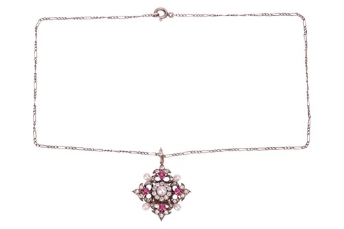 Lot 167 - A diamond, ruby and natural pearl pendant on...
