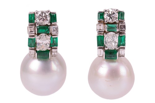 Lot 80 - A pair of pearl, emerald and diamond earrings,...
