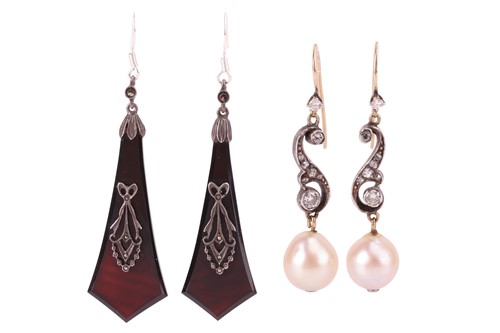 Lot 205 - A pair of diamond and pearl drop earrings, and...