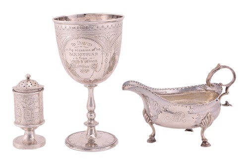 Lot 329 - A silver cup, sauce boat and pounce pot; the...