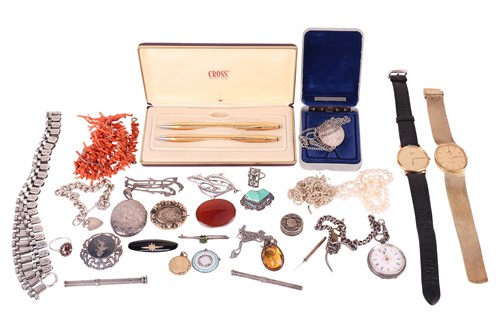 Lot 18 - A group of costume jewellery and two watches,...