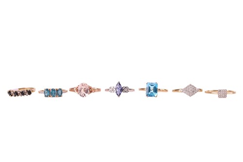 Lot 147 - A group of seven gem-set rings in 9ct gold; to...
