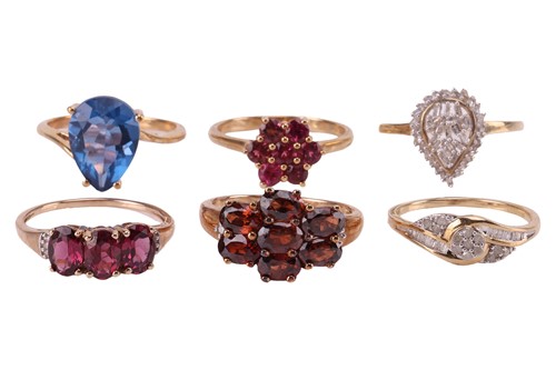 Lot 5 - A group of six gem-set rings in 9ct gold;...
