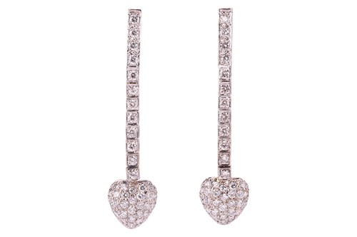Lot 72 - A pair of diamond heart drop earrings; each...