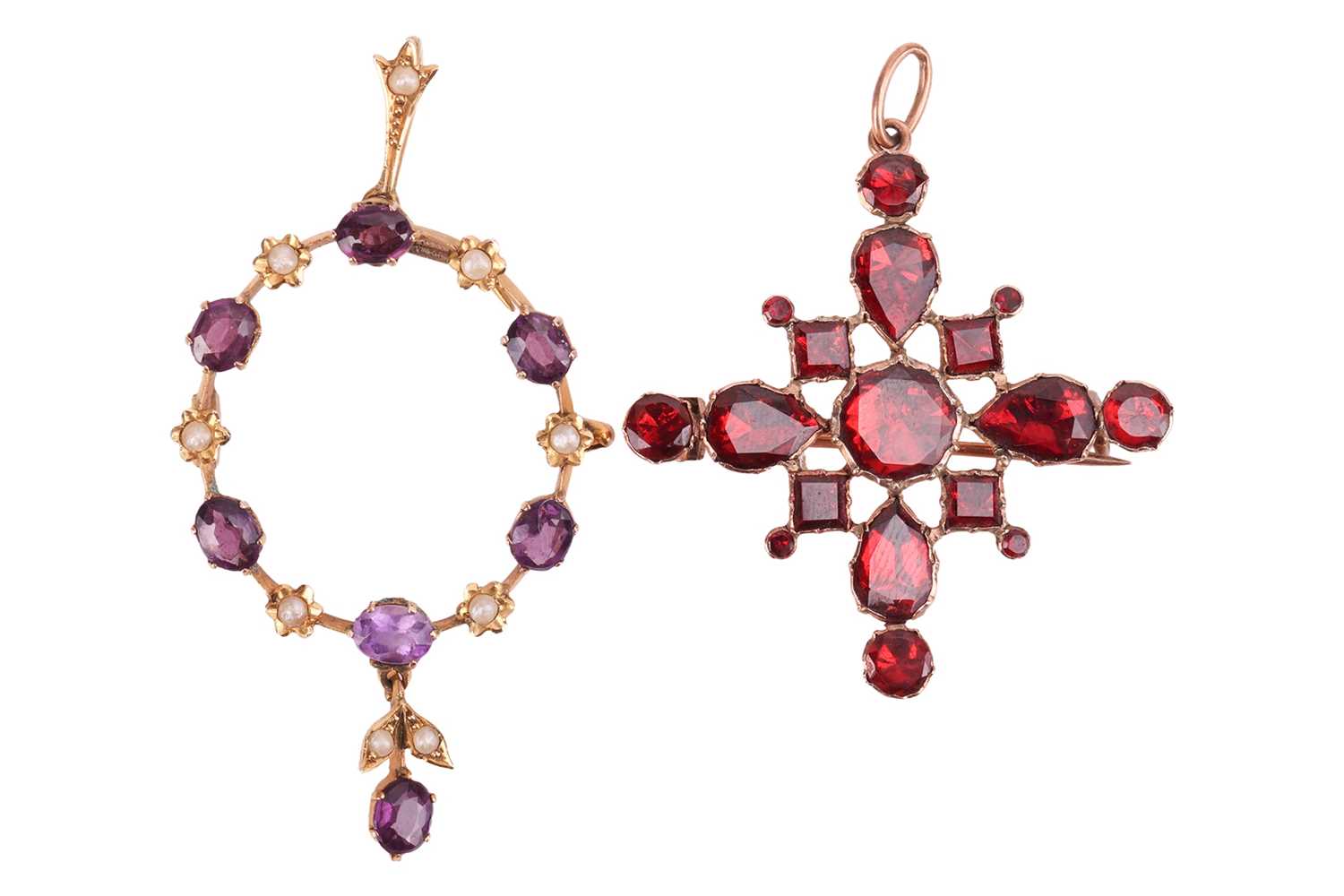 Lot 141 - An amethyst and seed pearl pendant, of foliate...