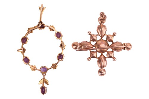 Lot 141 - An amethyst and seed pearl pendant, of foliate...