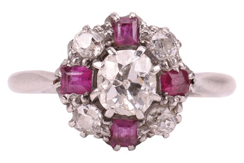 Lot 14 - An old-cut diamond and ruby cluster ring, with...