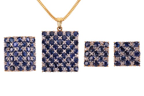 Lot 210 - A sapphire and diamond-set pendant, ring and...