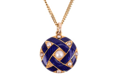 Lot 53 - A Victorian pearl-set enamel pendant on chain,...