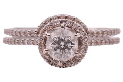 Lot 203 - An 18ct gold diamond halo ring and matching...