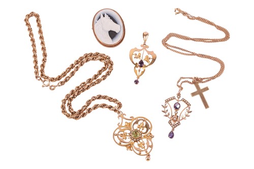 Lot 43 - Three Edwardian gem-set pendants on chains, a...