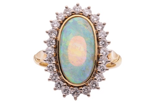 Lot 159 - An 18ct opal & diamond ring; featuring a...