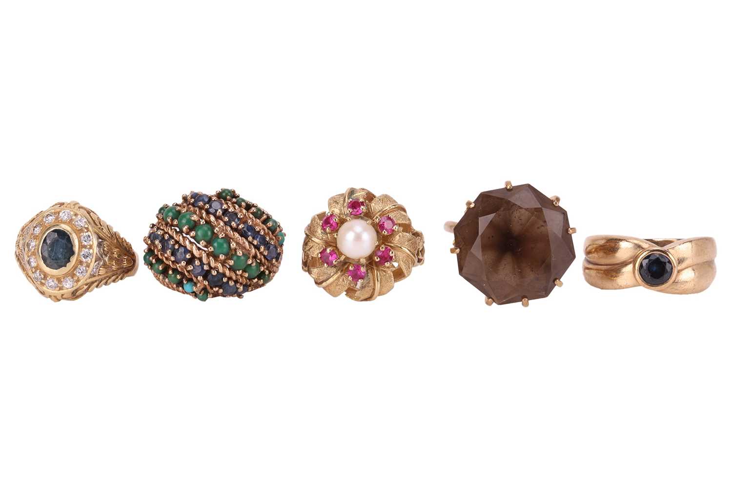 Lot 140 - Five gem-set rings; comprising a cultured...