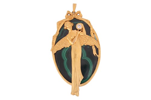 Lot 187 - A large malachite and diamond-set pendant,...